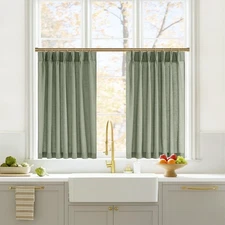 Sage Green Natural Pinch Pleated Linen Kitchen Curtains 36 Inches Long, 2 Pan...