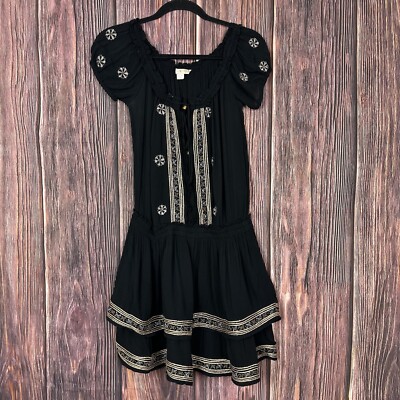 Boston Proper Black Popover Dress Embellished Boho Ruffle Tier Womens Size  XS