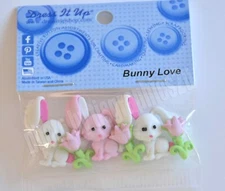 Bunny Love / Dress It Up Shank Buttons  / Rabbits & Pink Tulips / Easter~Valenti