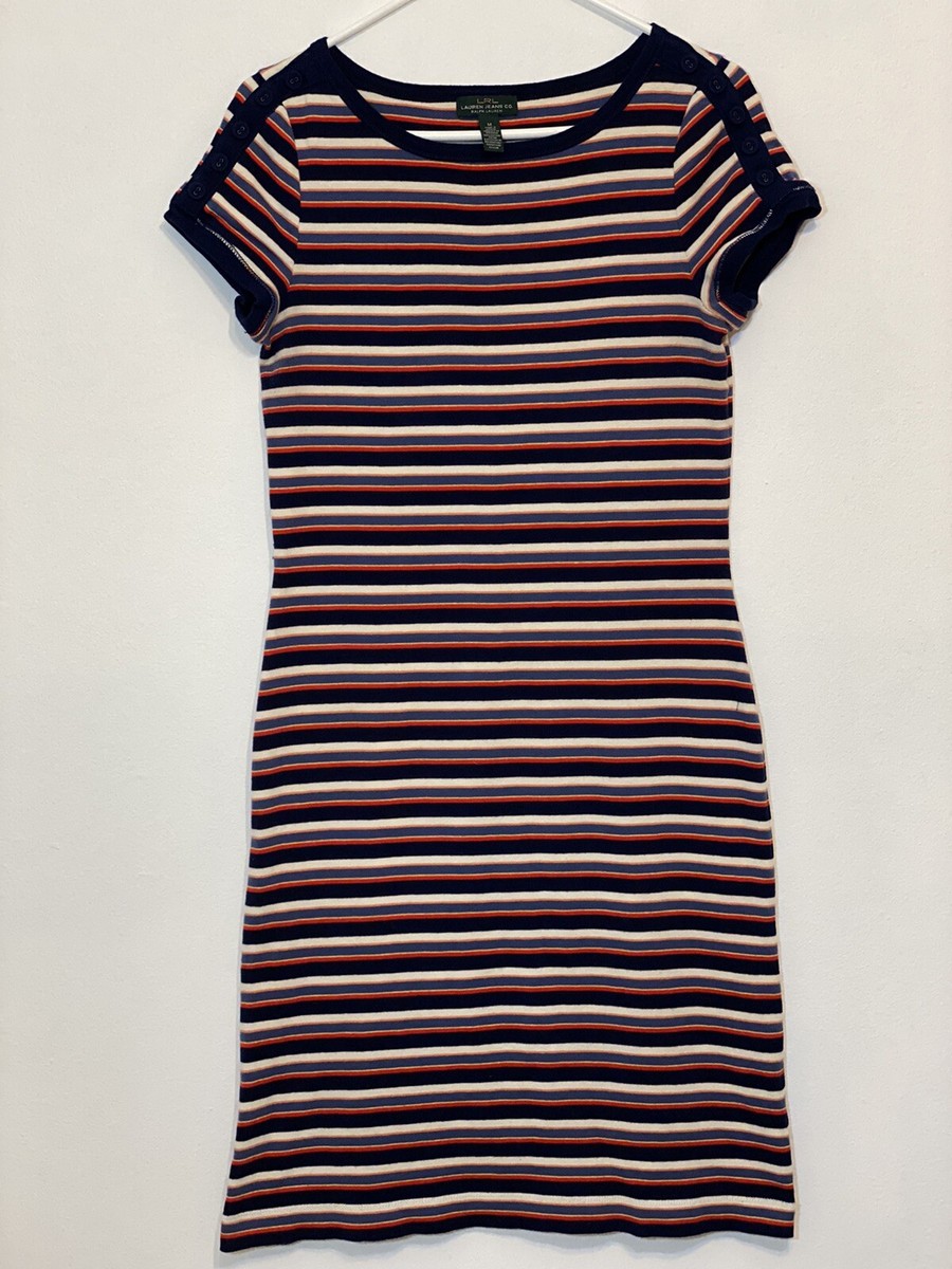 ralph lauren cotton short sleeve dress LRL Lauren Jeans Co Womens Sz M Striped Cotton Short Sleeves Dress Ralph  Lauren