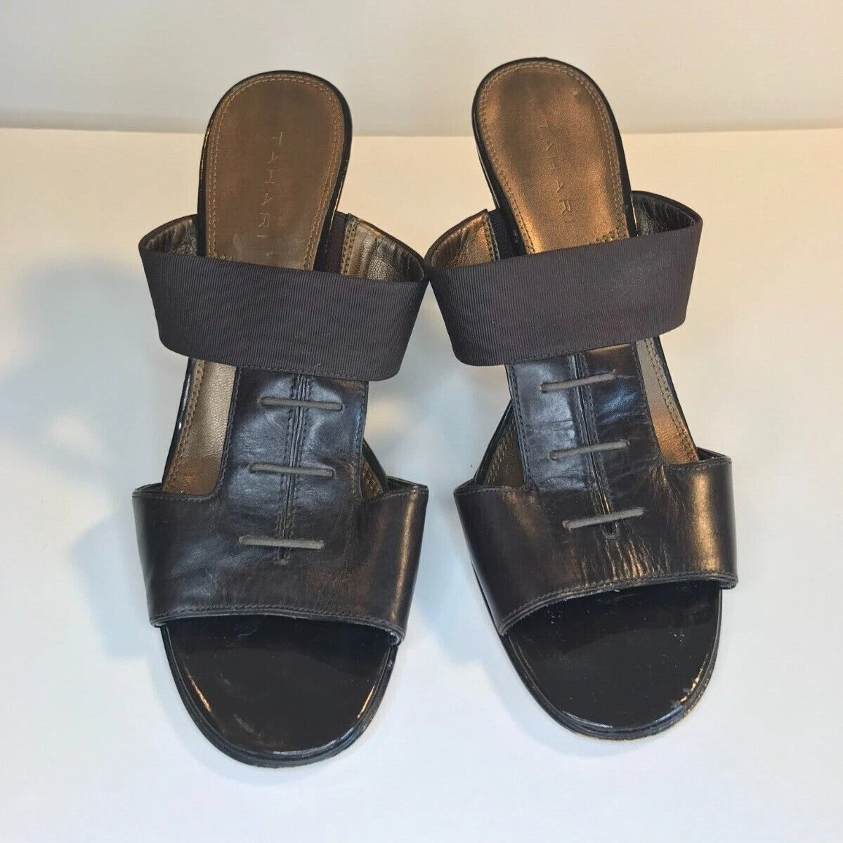 Tahari H Strap Sandal Slide High Heel Stiletto Brown Leather Sole