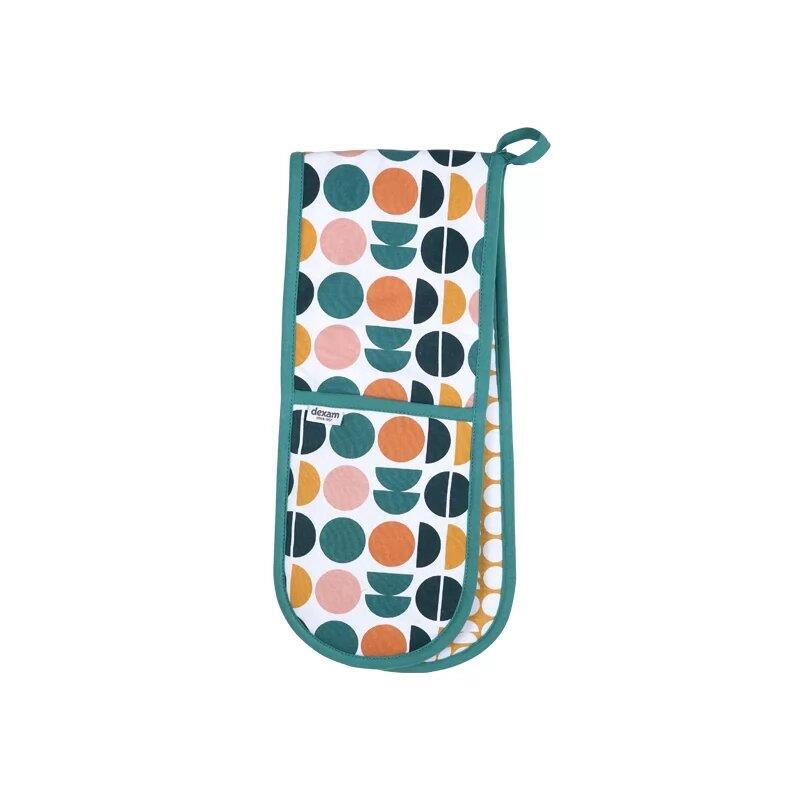 Double Oven Gloves Kitchen Cooking Mitts Cotton Insulated Hanging Retro Circles