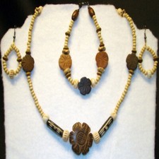 Necklace Bracelet Earrings Set Wood Brown Beads Handmade - Set 16