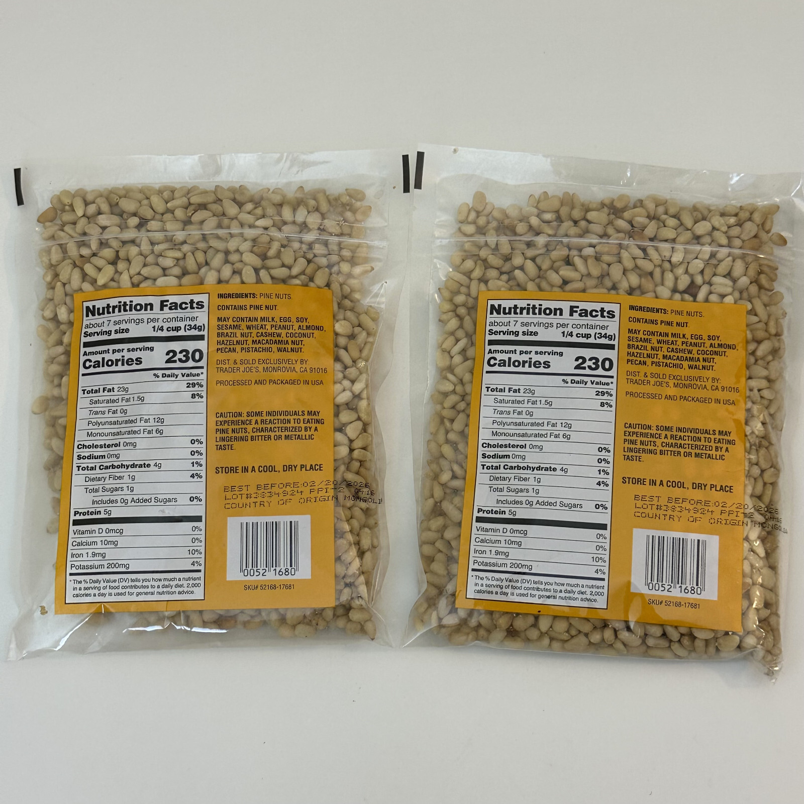 2 Pack New Trader Joe's Dry Toasted Pignolias Pine Nuts 8oz Each