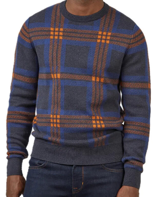 BEN SHERMAN Windowpane Синий свитер с круглым вырезом, хлопковый пуловер обычного кроя, M