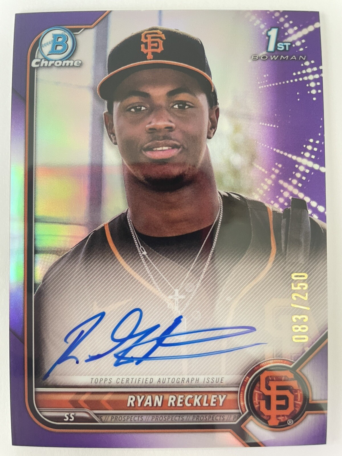Ryan Reckley 2022 Bowman Chrome 1st Purple Refractor Auto /250 SF Giants RC