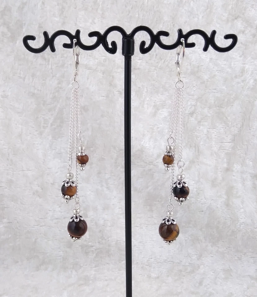 Tigers Eye Bead , 6m Long, 925 Silver Leverback Earrings. Handmade In Gift Bag - Image 4 of 4