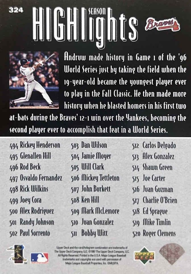 1997 Upper Deck Andruw Jones Season Highlights #324 NMMT - Image 2 of 2