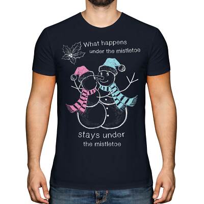 WAS UNTER DEM MISTELZWEIG PASSIERT BLEIBT... HERREN T-SHIRT TEE TOP GESCHENK SCHNEEMANN KUSS