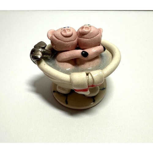 Miniature Figurine Ceramic Piggy Pair In Bathtub Handmade Artisan Made KS 1987