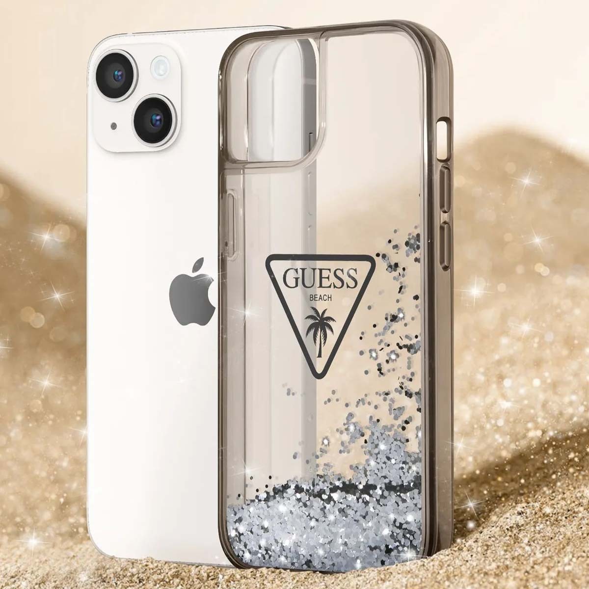 Coque iPhone 14 Plus Guess Glitter Palm chic en vacances - 3