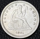 Genuine 1861 Seated Liberty 25c - Civil War Date - AU Detail - Cleaned