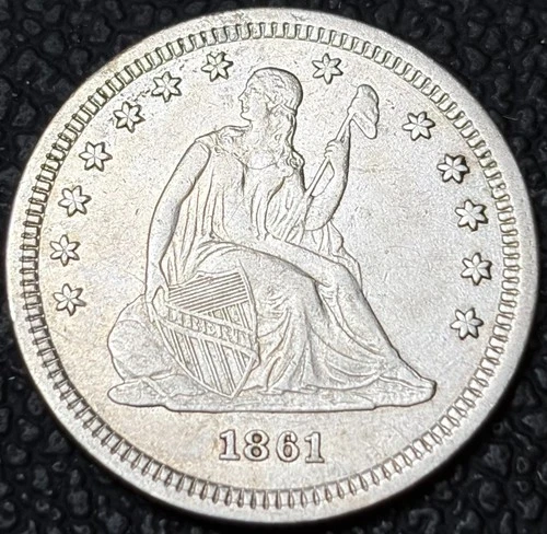 Genuine 1861 Seated Liberty 25c - Civil War Date - AU Detail - Cleaned