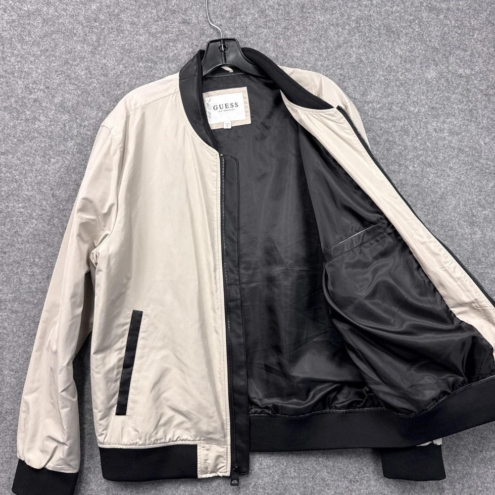 Guess Bomber Jacket XL Beige Black Polyester Faux Leather Trim Full Zip Street - product detail image 6