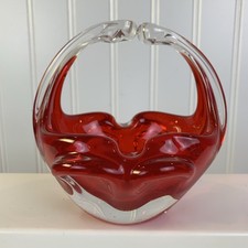 Murano Hand Blown Art Glass Sommerso Basket Ruby Red  Clear Handle