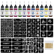 Temporary Tattoo Kit 12 Colors Temporary Tattoo Ink,111 Pcs Stencils