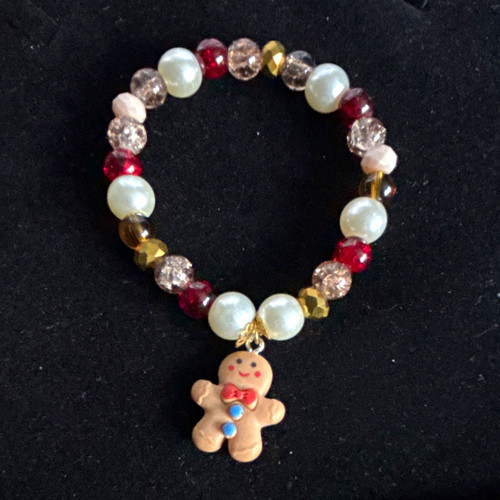 Multicolour Red White & Gold Beaded Stretch Bracelet, Gingerbread Dangle Charm