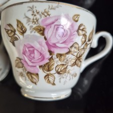 Set of five antique Japanese Kashima teacups feat. pink roses and gold detailing