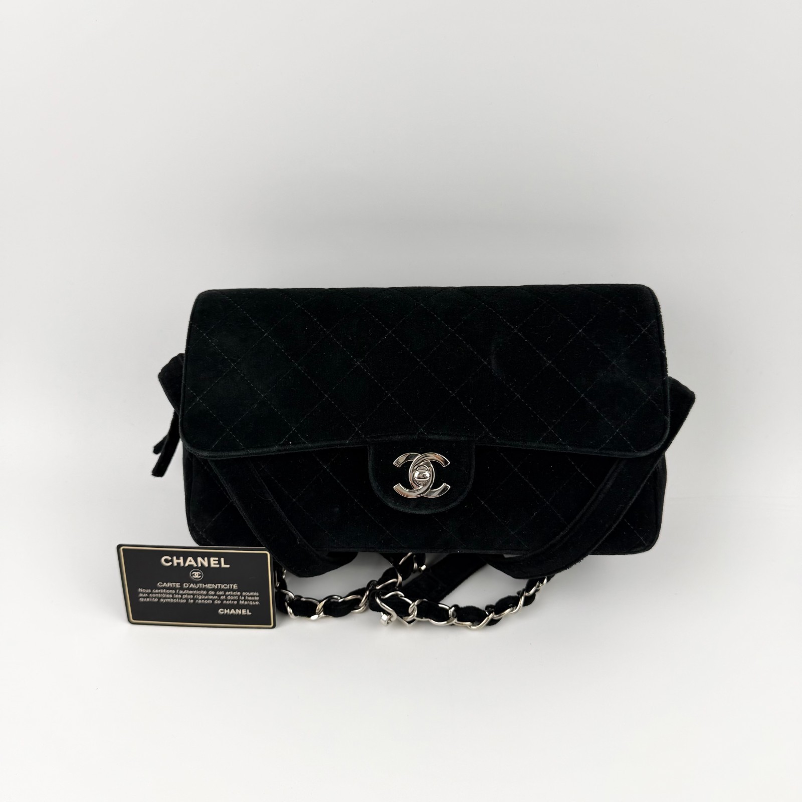 Auth CHANEL Matelasse Backpack Black Velvet CC Logo Chain Vintage