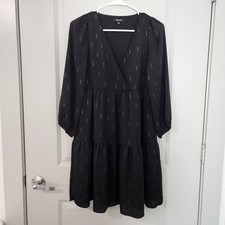 Madewell Black Gold Metallic Clip Dot Tiered Mini Dress V-Neck Long Sleeve XS