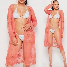 Coral Floral Embroidered Sheer Long Sleeve Open Cardigan Kimono Size Large