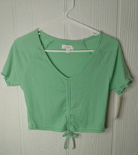 Colsie Women M Green Lounge Crop Short Sleeve T-Shirt Top Drawstring Front NWT