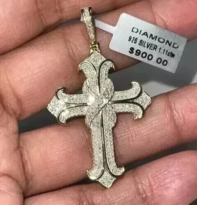 2Ct Round Cut Real Moissanite Men's Cross Charm Pendant 14K Yellow Gold Plated