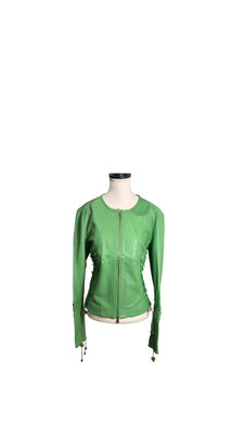 Versace bright Green Leather Jacket Lace up Corset racer jacket medusa detailing