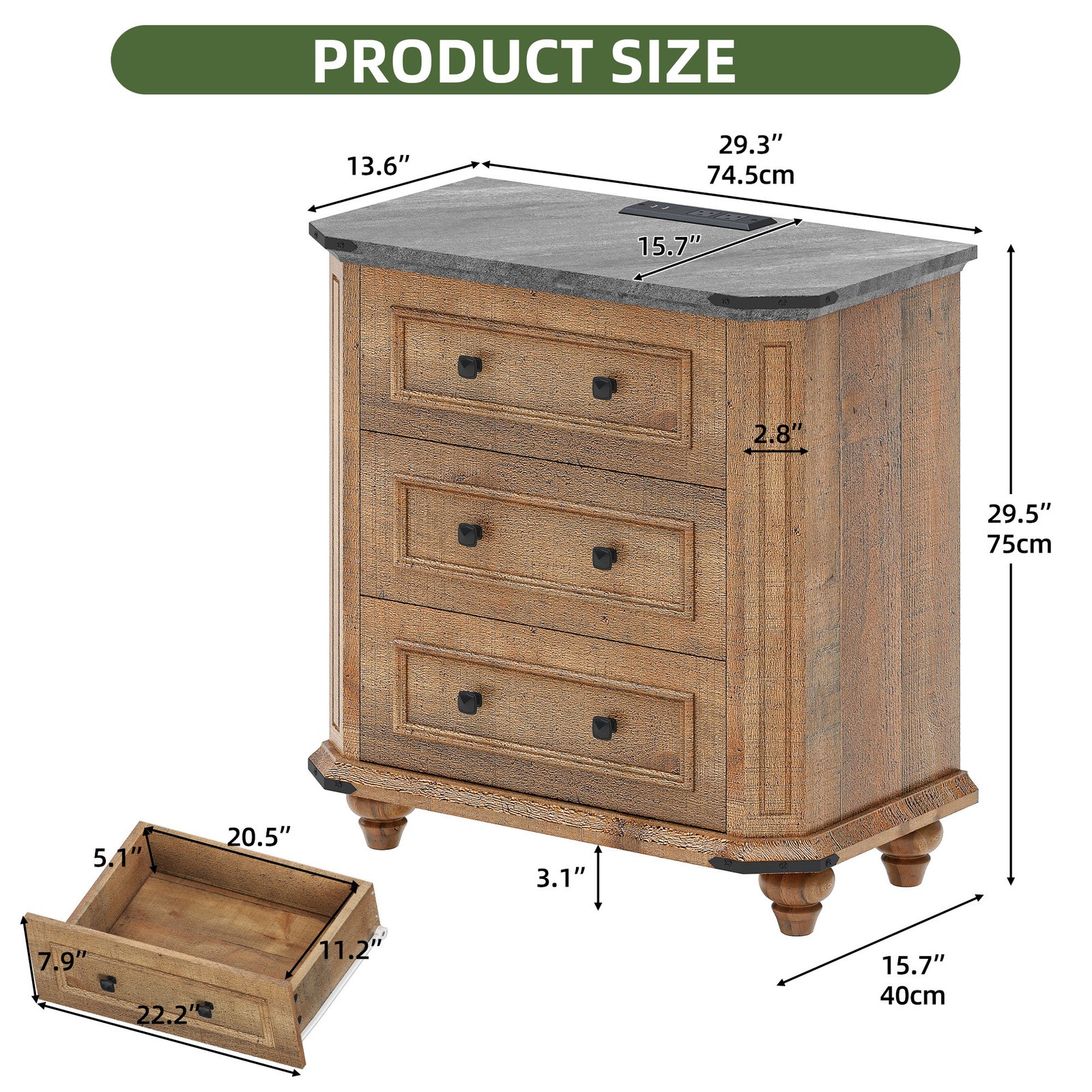 Set of 2 Nightstand with Charging Station Farmhouse Table with 3 Drawers Brown