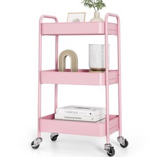 TOOLF 3-Tier Rolling Cart - Metal Utility Storage Organizer with 3-Tier, Pink