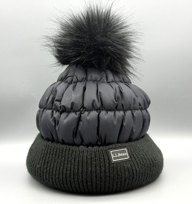 LL Bean Women s Puffer Hat Faux Fur Pom Insulated Sherpa Lining Black One Size