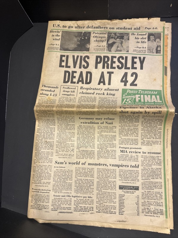 Vintage Aug 16 1977 Press Telegram Elvis Presley Dead at 42 Newspaper