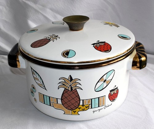 Vintage MCM Georges Briard weiße Emaille auf Stahl Ambrosia 2 Quart Griffe Topf