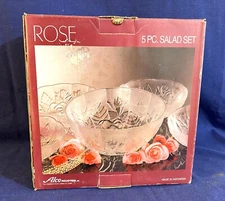 Vintage Alco Industries, 'Rose' 5 Piece Glass Salad Bowl Set Raised Floral Desi