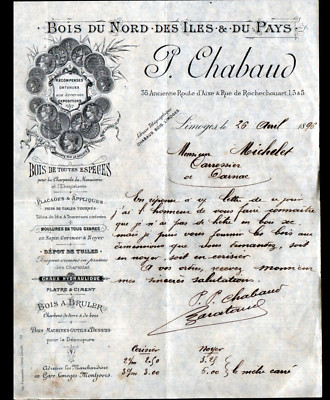 LIMOGES (87) SAWMILL / WOOD NORTH & ISLANDS ''P. CHABAUD'' letter in 1896