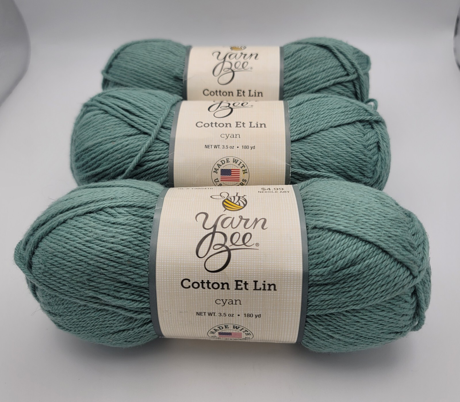 Yarn Bee Cotton Et Lin Linen, Lot of 5, Color is Cyan, 180 Yds each