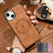 For iPhone 15 14 13 Pro 12 11 Mag Safe Magnetic Slim Leather Case Shockproof