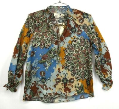 Everleigh Womens Keyhole Smocked Satin Blouse Long Raglan Sleeves Print S