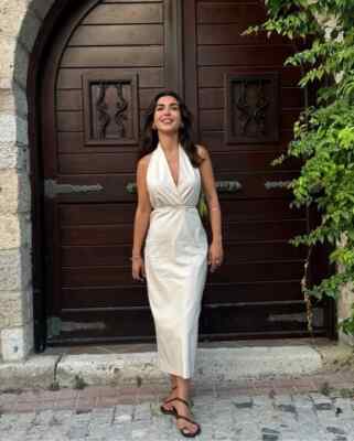 ZARA Linen Blend Halter Top S Ecru MIDI IVORY white Beige Cream Dress $129