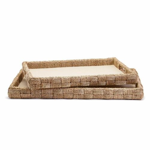 Set Of 2 Hand-Crafted Sea Grass And Rattan Oversized Decorative Square Trays - Foto 1 di 1