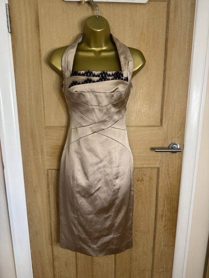 Karen Millen винтажный атласной кружева карандаш платье Великобритании 8 6 с бретелью через шею Y2K оригами шевелиться - Изображение 2 из 4