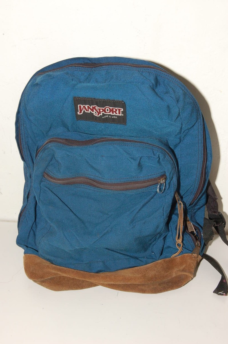 【USA製】JANSPORT Backpack Leather Bottom Jansport Leather Bottom Blue 3 Pocket Backpack, Made in USA