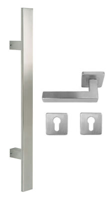 Edelstahl Haustür Beschlag- Flachgriff- Set auf  quadratischen Rosetten 841S