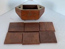 Wood Carved Coasters Set Of 6 w/ Holder Brass Inlay Flowers