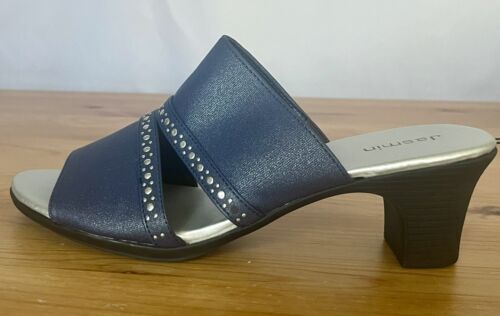 JASMIN Sandals Women's Size 11M Dressy Navy Blue Faux Leather Block Heel Slides - Picture 6 of 19