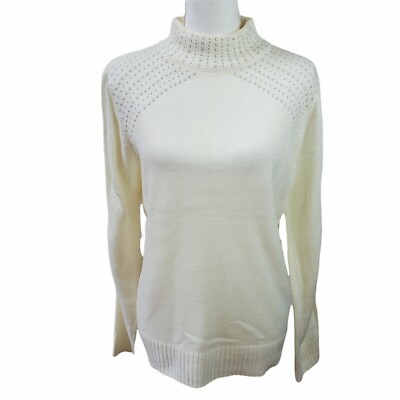 Juicy Couture Womens Sweater Sz L White Silver Pearl Beads L/S Mock  Turtleneck