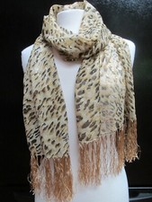 Chico's animal print silk scarf w/ fringe Gold metallic 14 x 64"