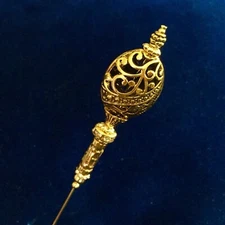 HATPIN with Rare TIBETAN BRASS Design on Gold Finish Setting - 6 Inch Hat pin