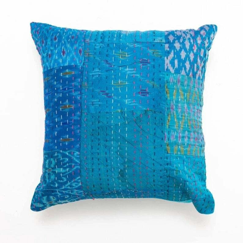 Colcha de retalhos de seda indiana Patola Kantha tamanho duplo cobertor boho colcha de jogar - Imagem 3 de 3