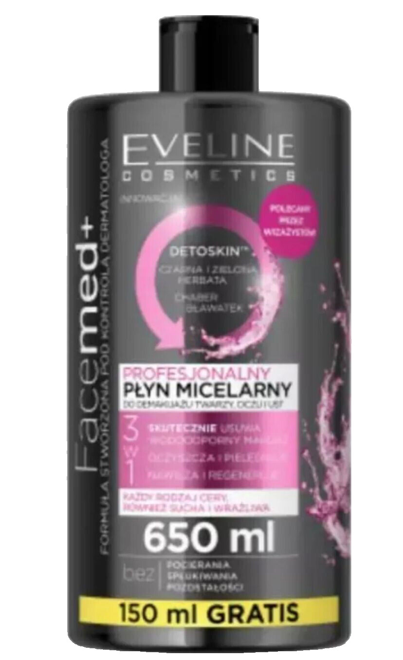 Eveline Cosmetics Facemed+ Cleansing And Makeup-Removing Micellar Water With Detoxifying Effect 650 Ml - Image 2